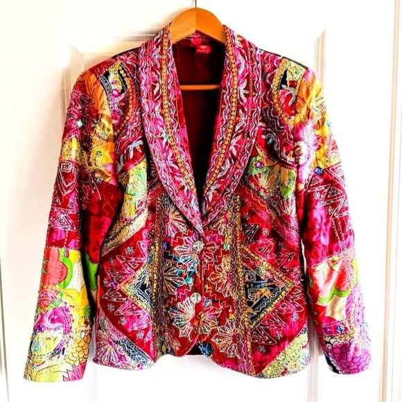 Vintage Sandy Starkman Pink Beaded Sequin Embellished Patchwork Jacket - Picture 1 of 7